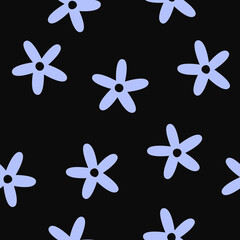 Seamless Floral Pattern Background: Colorful Retro Purple Daisy Flowers on Black Background