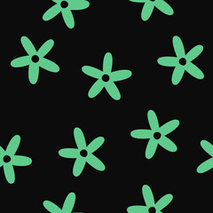 Seamless Floral Pattern Background: Colorful Retro Turquoise Daisy Flowers on Black Background