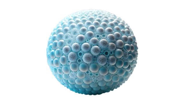 Abstract blue sphere with intricate surface pattern isolated on transparent background, representing science or art