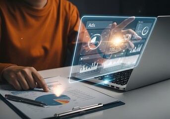Photo of person analyzing financial data and business growth on a futuristic digital interface with charts and graphs on a laptop screen