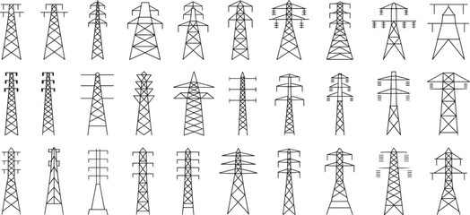 
Electric Power Transmission Towers, Vector Power Line Structures, High Voltage Pylons, Utility Pole Icons, CAD Line Illustration