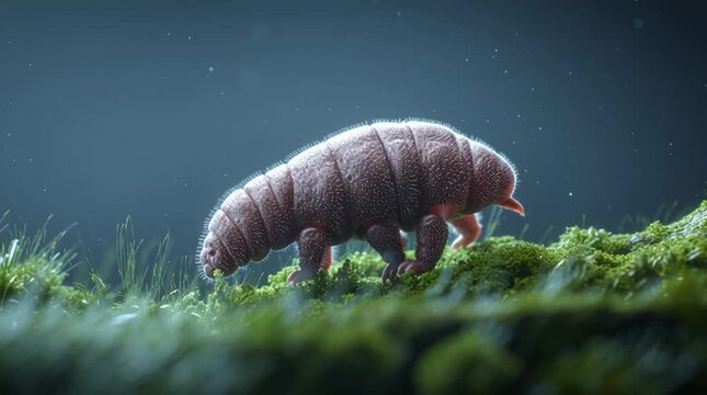 Microscopic, realistic view of a tardigrade (water bear) slowly moving across green moss, captured in high detail with a nature documentary style, highlighting its resilience and unique micro-world en