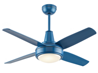 A modern blue ceiling fan with light is a stylish and functional addition to any contemporary home interior providing both illumination and air circulation isolated on transparent background