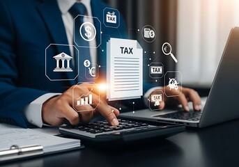 Fototapeta premium Photo of closeup of a person using a calculator and laptop with taxrelated icons, representing financial management and tax obligations