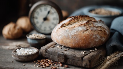 Freshly baked bread on wooden board with grains and clock