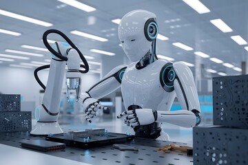 Futuristic 3D android robot in action, isolated on a white background with a camera lens for an eye, exploring a cartoon-like wall