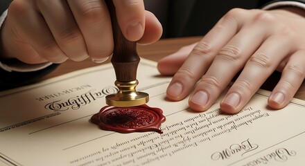 Photo of closeup of a hand pressing a traditional wax seal onto an official document, symbolizing authority and certification
