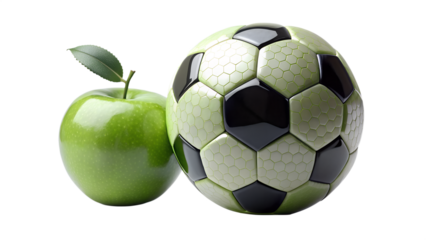 A vibrant green apple and a soccer ball placed together, symbolizing healthy eating and sports, isolated on a transparent background