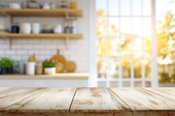Wooden Table Top in Blurred Kitchen Interior