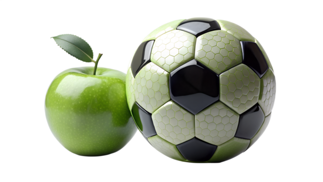 A vibrant green apple and a soccer ball placed together, symbolizing healthy eating and sports, isolated on a transparent background