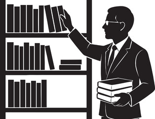 Librarian Arranging Books on Shelf in Quiet Library,black and white silhouette,librarian shelving books