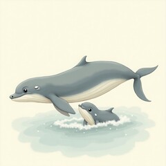 Obraz premium Jumping dolphin swimming with other marine animals in the blue ocean