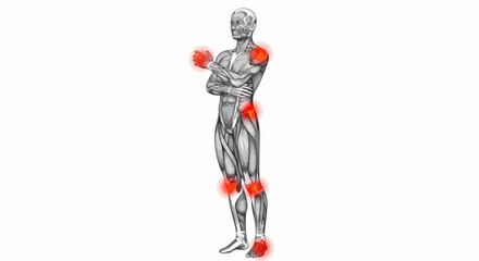 Conceptual human anatomy of a man with muscle structure, showing red glowing hotspots indicating joint pain and inflammation.