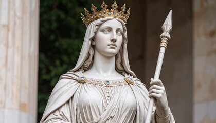Obraz premium Statuesque queen, regal crown, spear, serene expression, marble, outdoor setting.