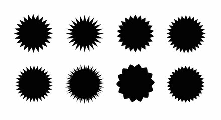 Collection of Eight Black Starburst Shapes with Varying Point Counts