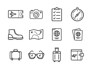 Travel essentials and packing icon set with suitcase, passport, travel bag, camera, map, ticket, sunglasses, travel pillow, and checklist, outline style