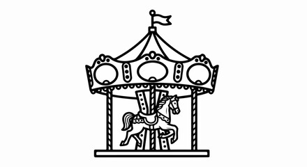 Ornate carousel with a single decorated horse, rendered in a bold black and white line art style.