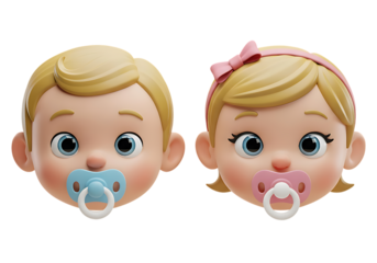 Adorable 3D Rendered Twins: Boy and Girl Baby Faces with Pacifiers, Cute Cartoon Style, Happy Mood