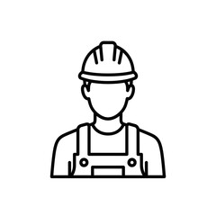 A line drawing of a construction worker with a hard hat and overalls on