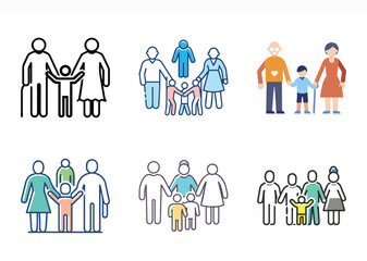 Diverse family depictions in simple line art style with varying colors and compositions