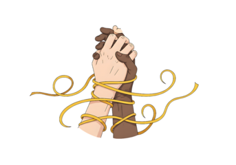 Intertwined Hands: Diverse Unity, Hopeful Golden Ribbon,  Cartoon Style Illustration