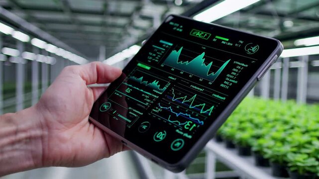 Agricultural innovation enabling farmer monitoring plant growth through data analytics, maximizing greenhouse productivity with precision tracking technology. Monitoring technologies in agricultural