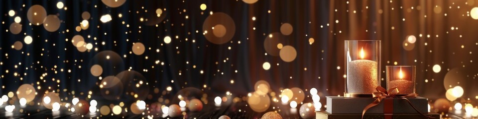 Festive holiday background with glowing candles and sparkling golden bokeh lights for a magical winter celebration.