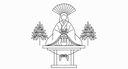 Line Art Illustration of a Seated Japanese Woman in Kimono with Fan, Holding Offering on Altar