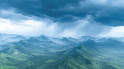 A panoramic view of rolling green hills under a dramatic sky, sunbeams breaking through storm clouds, rural wilderness 