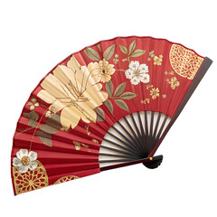 "Chinese folding fan with red and gold floral design, open position, isolated on transparent background, angled view, photorealistic style