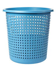 A simple blue plastic basket with many holes is isolated on a transparent background