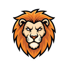 Fototapeta premium Bold lion mascot head logo, fierce animal power, modern design, striking orange and blue