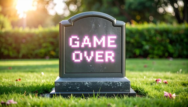 A miniature gravestone displays a pixelated "GAME OVER" message in a grassy setting, bathed in sunlight.