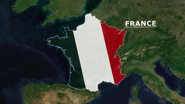 Zoom from Earth to France. (Country Flag) World map animation with highlighted country borders. Satellite 3d world map animation highlights aerial views, tourism, and travel. 4k