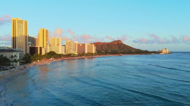Aerial sunset view of Waikiki Beach Skyline and Diamond Head, Oahu, Hawaii