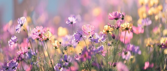 The vibrant field of blooming flowers basking in soft sunlight