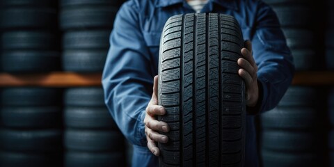 The mechanic holds a high-quality tire in a professional automotive workshop.