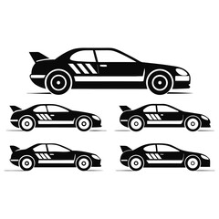 Set of stylized sports cars in black and white, isolated on a white background, showcasing different angles and designs of performance automobiles