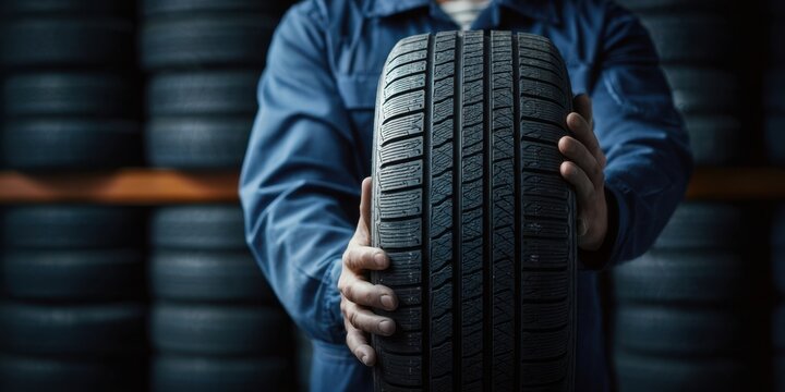 The mechanic holds a high-quality tire in a professional automotive workshop.