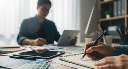 Hand of male graphic designer drawing sketch in notebook. Team of creative visual artists working on project. Concept of art and design education.