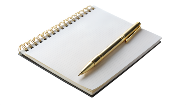 Elegant Gold Pen Resting on a Spiral Notebook Isolated on Black Background