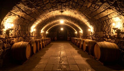 Rows of oak wine barrels age in a dimly lit, ancient stone wine cellar.