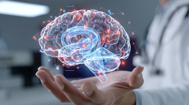 Neurologist studies a glowing 3D holographic brain as an AI interface highlights active neural pathways in blue and flags potential anomalies with pulsating red icons in a futuristic clinical scene.
