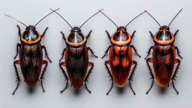 Four cockroaches in a row on white background. Pest control and bug extermination concept