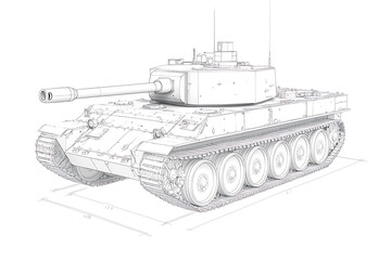 Detailed line drawing of a generic tank with a long barrel and visible tracks and wheels, showcasing its design elements. The image emphasizes precision.