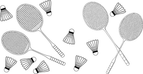 Badminton rackets and shuttlecocks line drawing sports equipment