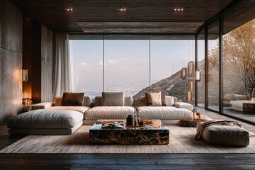 Salon confortable avec grandes fenêtres et vue sur la montagne