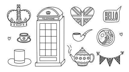Lovely black and white London set with Britain landmarks, English doodles. Hand drawn telephone booth, bunting and heart with United Kingdom flag, queen crown, breakfast isolated on white.
