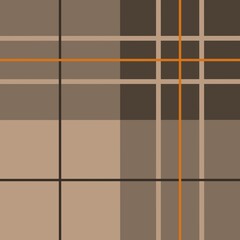 A geometric pattern features a grid of intersecting lines in shades of brown and beige, accented by bright orange lines. The design creates a structured plaid-like appearance emphasizing contrast.