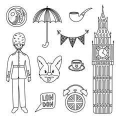 Lovely sketch England and London set with popular landmarks, symbols, emblems of UK. Childish hand drawn doodle Big Ben clock tower, British guard of Queen, umbrella, alarm clock for learning English.